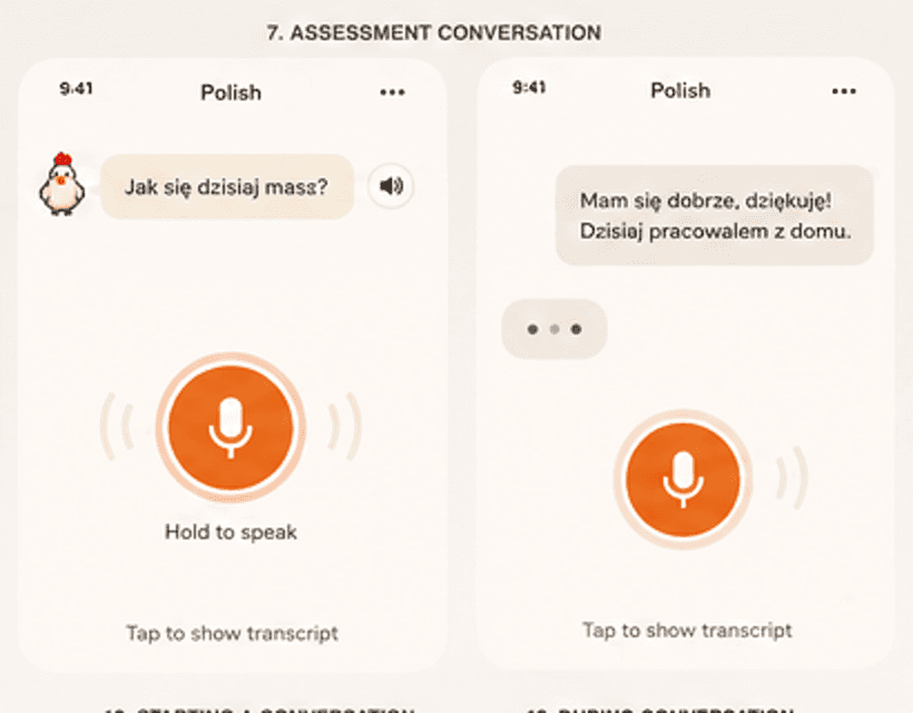 Koko spoken assessment and conversation screens
